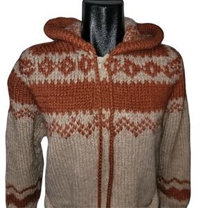 Vintage Handmade Thick Knit Zip-up Hooded Nordic Fair Isle Style Sweater
